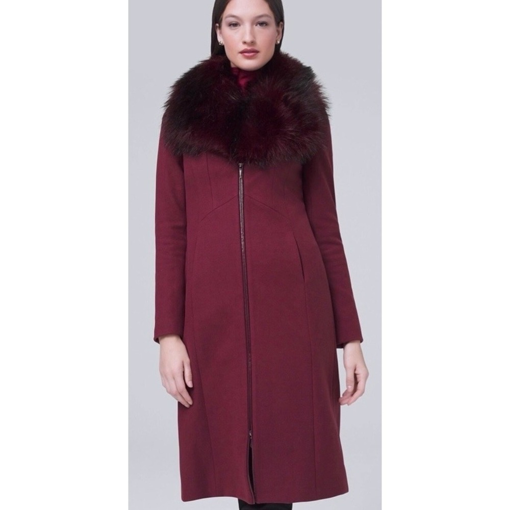 WHBM Burgundy Long Coat Removable Faux Fur Collar White House Black Market XS